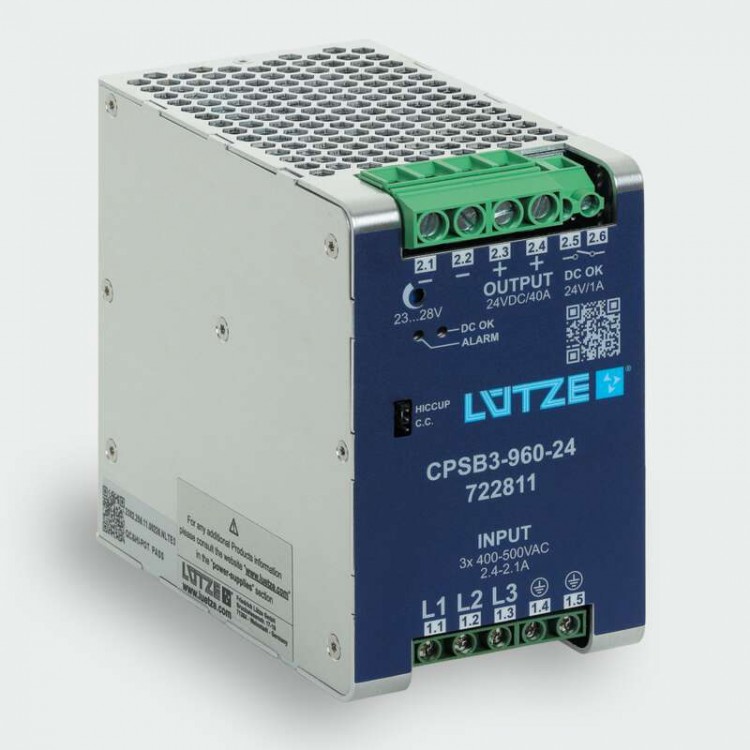 Lütze - Type CPSB3-960-24 - Part No. 722811 - Primary switchmode power supply, PFC, 3-phase Input: Wide range input AC 340 - 550 V Output: DC 24 V, 40 A